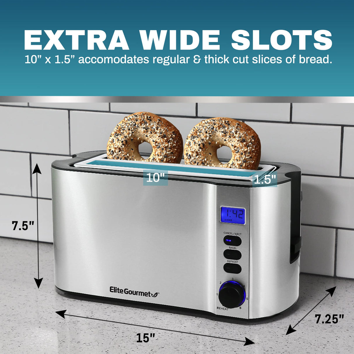Elite Gourmet ECT4400B# Long Slot 4 Slice Toaster, Countdown Timer, 6 Toast Setting, Defrost, Cancel Function, Built-in Warming Rack, Extra Wide Slots for Bagel Waffle, Stainless Steel Elite Gourmet