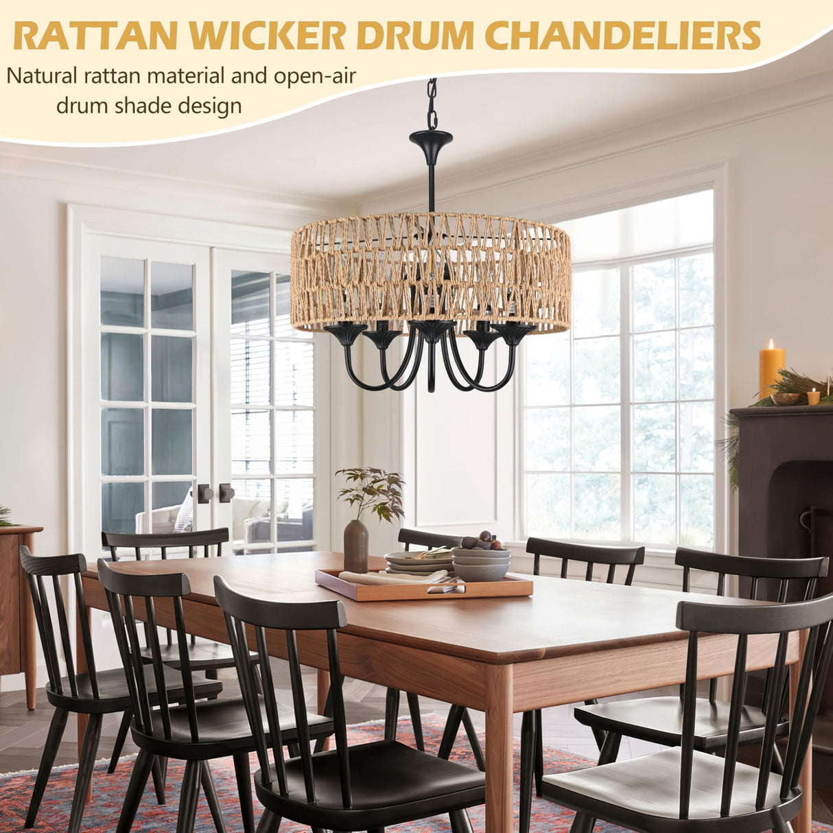 Bagood 5-Light Large Boho Rattan Pendant Lighting with Hand Woven Wicker Shade 19.7" Wicker Light Fixture Farmhouse Rattan Chandelier Drum Pendant Light Fixture for Dining Room Living Room Kitchen Bagood