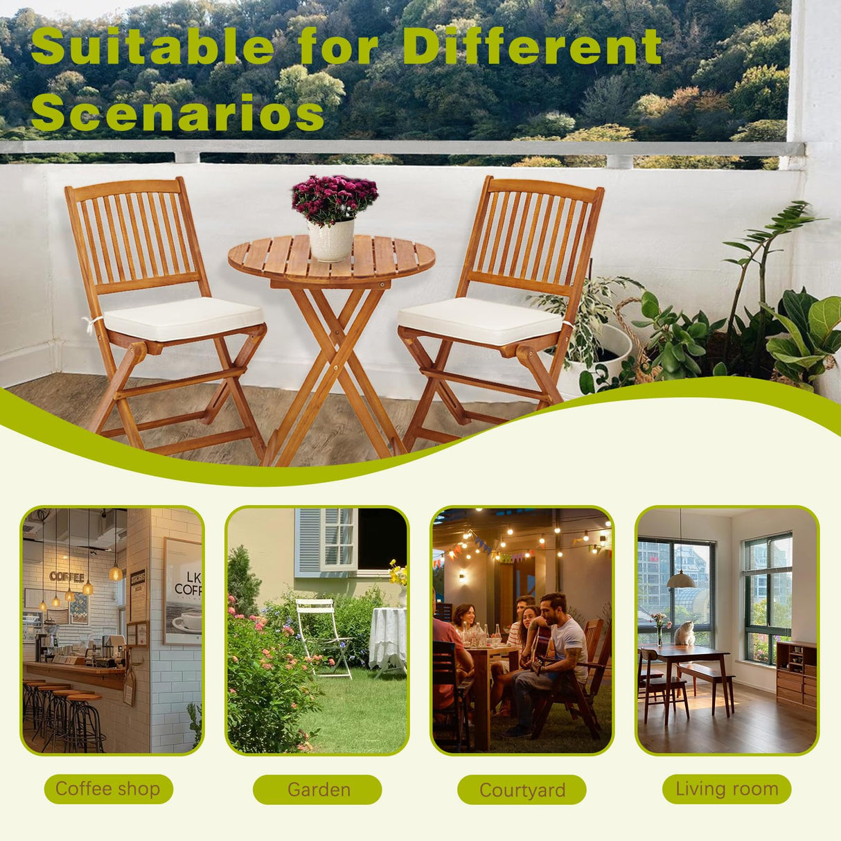 S AFSTAR 3 Pieces Patio Bistro Set, Acacia Wood Folding Bistro Set with Round Coffee Table & Padded Cushion, Outdoor Bistro Table and Chair Set of 2 for Patio, Balcony, Poolside & Porch (Beige) S AFSTAR