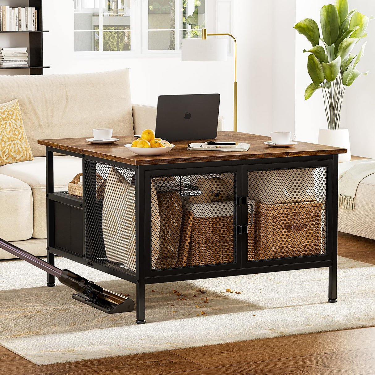 FABATO Flip Top Coffee Table, Square Coffee Tables Metal Wood, Farmhouse Lift Up Coffee Table Cocktail Table with Wire Mesh Barn Door and Storage, Steel Frame, Small Tea Table for Living Room, Black FABATO