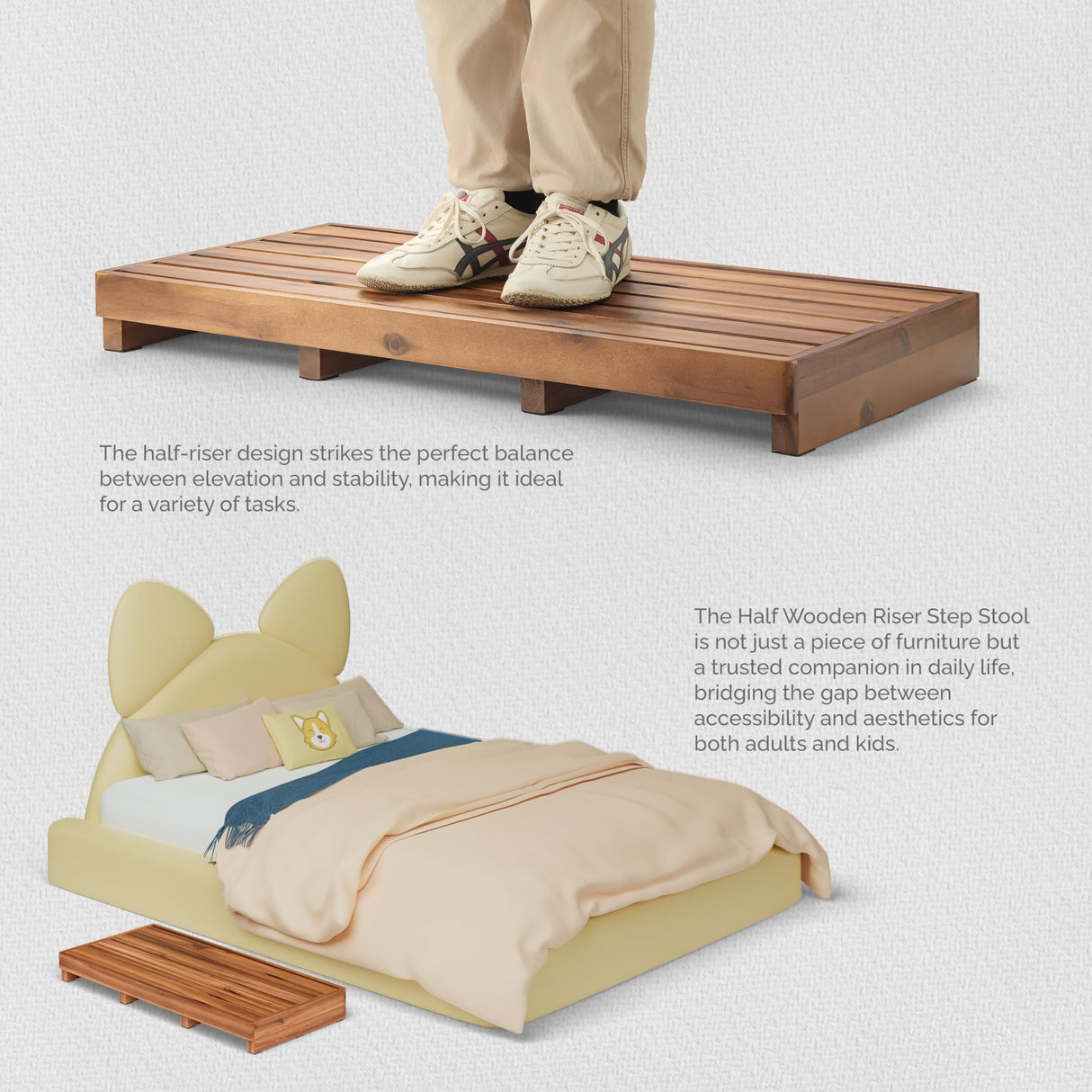 TINAMO One Step Stool for Elderly (35" Length) - Acacia Wood High Riser Step Stool with Non-Slip Pads - 550 Lbs Wooden Mobility Stepping Stools for Handicap, Bed, Bathroom, Kitchen (35" L x 16" W) Tinamo