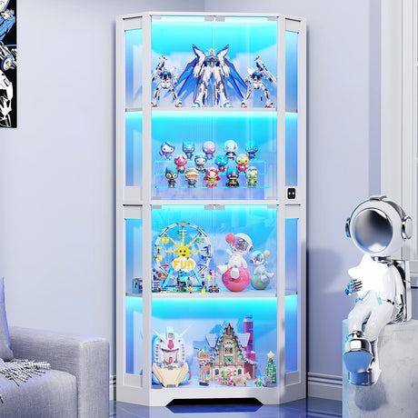 BROTTAR Corner Display Cabinet with Glass Doors, 65" Lighted Curio Display Case with 3 Color Lights for Collectibles, Books, 4-Tier Bookcase with Human Body Sensor, White BROTTAR