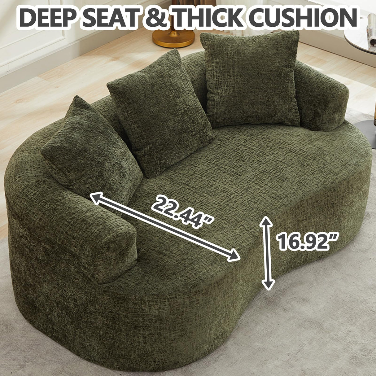 61" Curved Loveseat Sofa with 3 Pillows, Small Boneless Couch in a Box, Chenille Cloud Loveseat for Living Room Bedroom Small Space Apartment, Memory Foam, Modern, No Assembly (Green) Thctvous