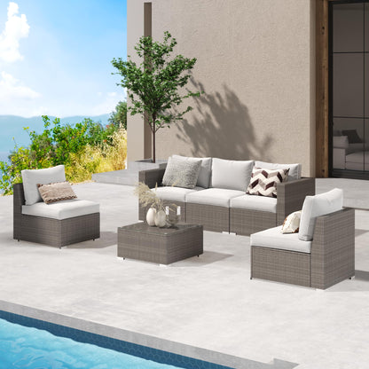 Wisteria Lane 6 Piece Outdoor Patio Furniture Sets, Outdoor Sectional Furniture with Tempered Glass Table and Cushion, Wicker Patio Conversation Sets for Garden Backyard, Grey - WoodArtSupply