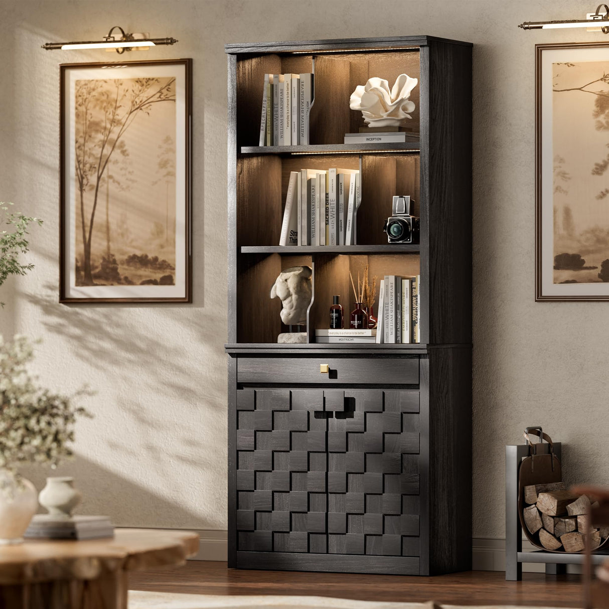 STO'SENSE 72.2" Tall Bookshelf & Bookcase with LED Lights, 6-Tier Bookshelf with Drawer and Open Shelves, Modern Display Storage Cabinet with Doors for Home Office, Living Room, Bedroom (1 Piece) STO'SENSE