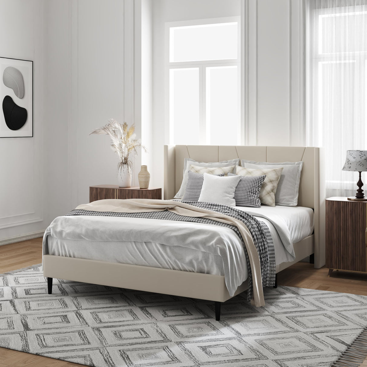 OLALITA Full Size Upholstered Platform Bed, Full Frame with Tufted Headboard, Sturdy Frame Wooden Slats, No Spring Mattress Required, Noiseless, Easy to Assemble, Beige OLALITA