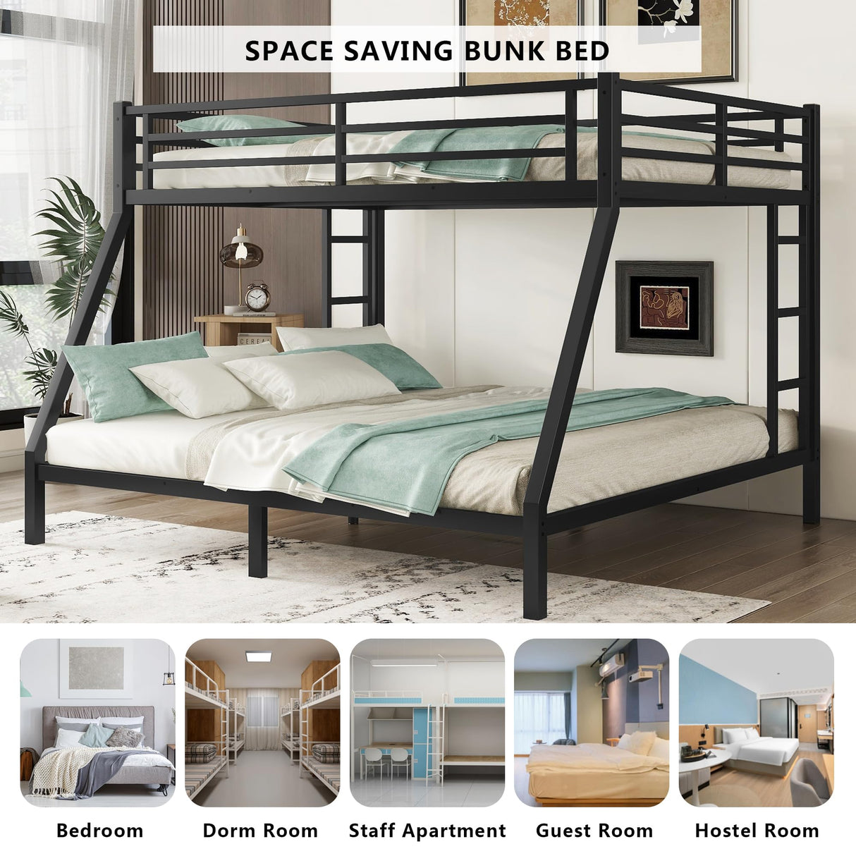 Setawix Metal Queen Over King Bunk Bed,Heavy Duty Queen and King Bunk Beds for Adults,Industrial Bunkbed with Ladders for Kids,Teens,Boys,Girls,Space Saving,Low Noice (Black, Queen Over King) Setawix