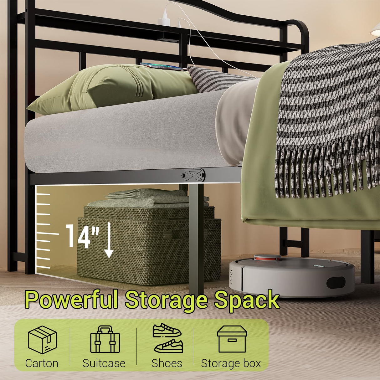 UOMEUR Metal Bed Frame with Headboard and USB & Type C Charging Station, Heavy Duty Metal Bed Frame No Box Spring Needed with Ample Storage Space - Easy Assembly and Noise Free (Black, Queen) UOMEUR