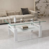 Glass Coffee Table for Living Room, Modern Coffee Table with Transparent Tempered Glass Top and White Metal Legs, Rectangle Tea Table for Home Meihua
