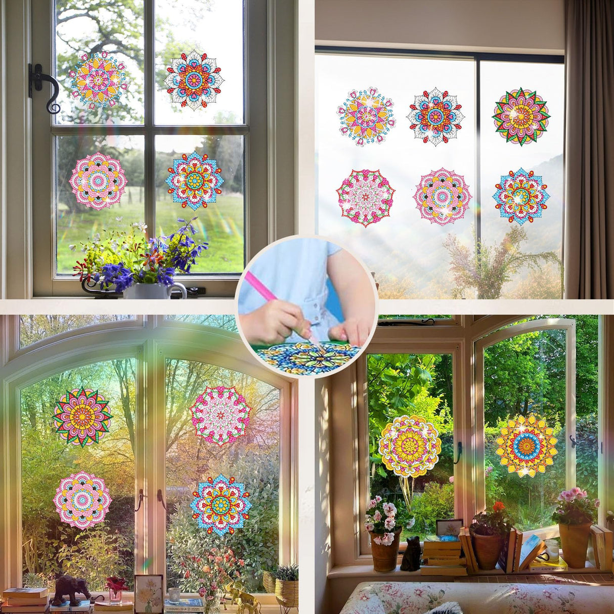 ACSAUMMY DIY Diamond Art Window Clings, 6pc Mandala Suncatchers Reusable Stained Glass Decals 5D Diamond Art Painting Static Window Stickers, Gem Craft Kit for Adults Kids Home/Indoor Decor, Gift ACSAUMMY