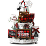 GlikCeil 20 Pcs Rustic Christmas Tiered Tray Decor Red and Black Buffalo Plaid Wooden Tiered Tray Decor for Farmhouse Christmas Winter Snowflake Wooden Table Centerpiece Sign Xmas Gift for Home Shelf GlikCeil