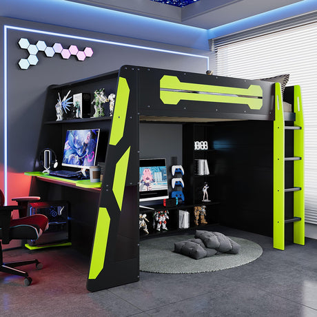 Ball & Cast Full Size Gaming Loft Bed with Desk,Wood Gamer Bed Frame w/Shelves and RGB Light,Underbed Storage Space,Stairs,Full-Length Guardrail,Bedroom Furniture for Student Dorms,Green Ball & Cast