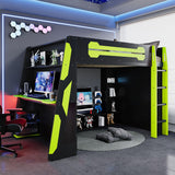 HZSMHDZKJ Full Size Esports Style Loft Bed with Desk, Multi-Storage Shelves, LED and Charging Station, Wooden Gaming Loft Bed Frame with Ladder and Safety Guardrail for Kids Teens Adults (Green) HZSMHDZKJ