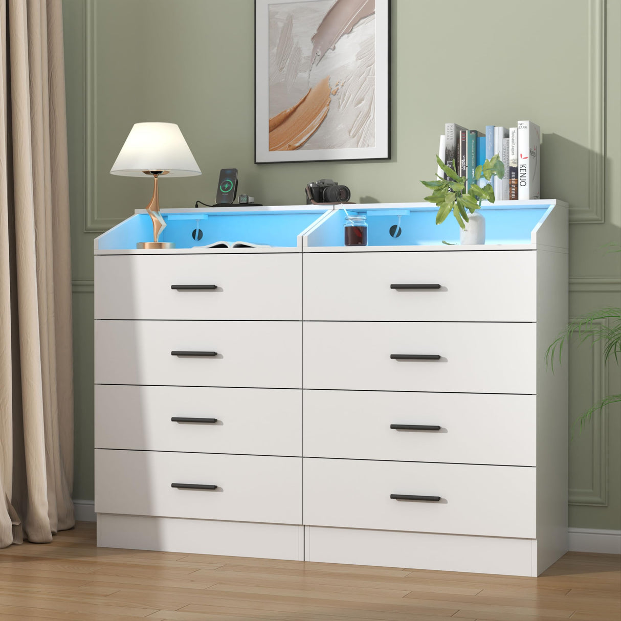 Gyfimoie 4 Drawers Dresser with Power Outlet, Chest of Drawers with LED Light, White Dresser Organizer with Open Storage Cubby, Modern Nightshatnd for Bedroom, Living Room, Entryway, Hallway Gyfimoie