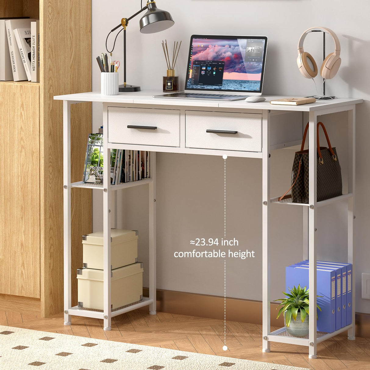 DAOUTIME White Computer Desk with Drawers, 37.3 Inch Home Office Work Desk with Storage Shelf, Kids Teens Study Table for Small Space, Small Writing PC Table for Bedroom Makeup Vanity Desk DAOUTIME