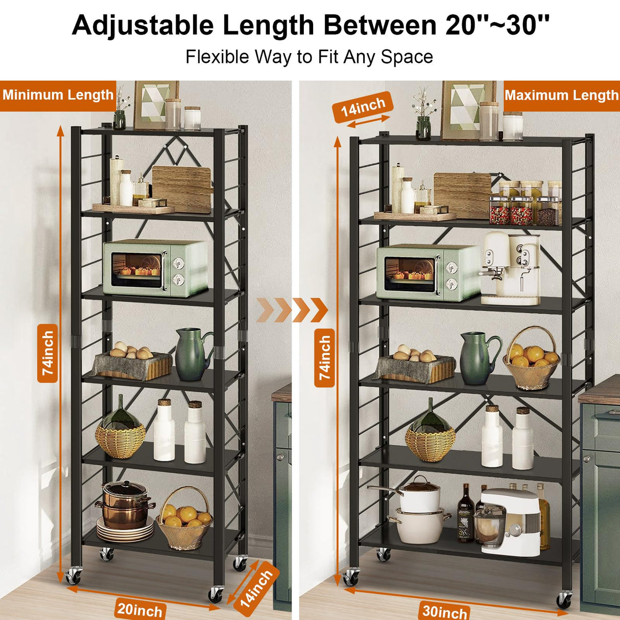 Himix 6 Tier Foldable Storage Shelves, Expandable Folding Bookshelf with Wheels, Changeable into 2 Shelf Units, Collapsible Adjustable Storage Rack Metal Shelves for Garage, Kitchen, Black Himix