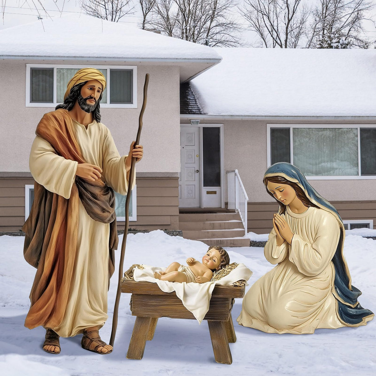 MorningRo 3 Pcs Metal Outdoor Nativity Scene Set Large 48.9" Tall Holy Family Outdoor Decorations with Sturdy Stakes Jesus Joseph Mary Yard Signs for Easter Christmas Holiday Lawn Home Garden Decor MorningRo