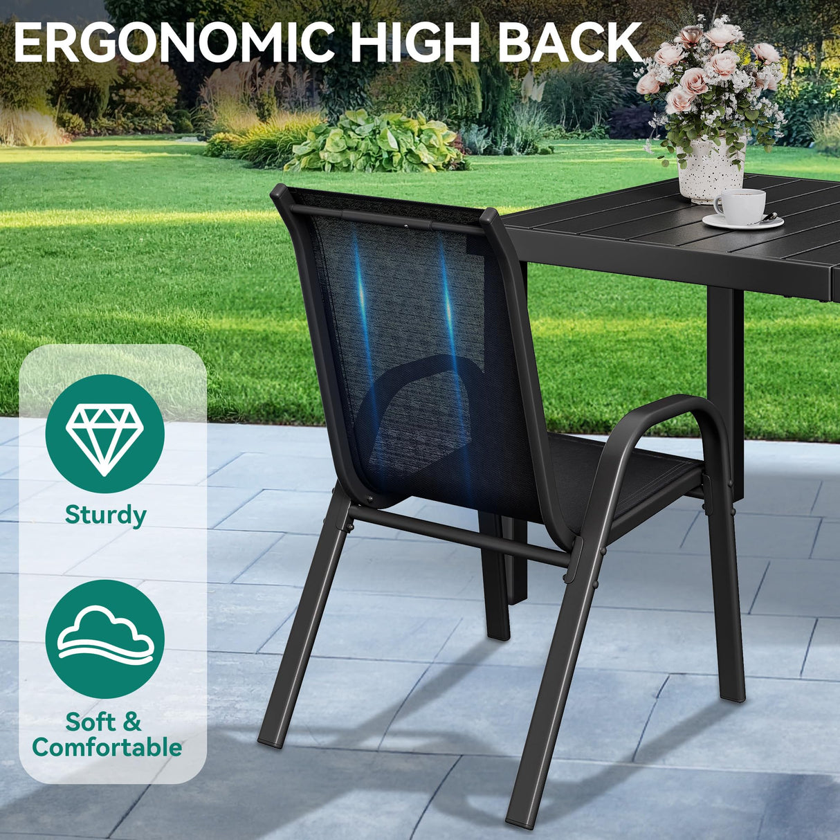 YITAHOME Stackable Patio Dining Set for 6, Breathable Outdoor Dining Set w/55 Aluminum Patio Table & 6 Stackable Patio Chairs Set, All Weather Outdoor Patio Dining Set for Backyard Deck Porch, Black YITAHOME