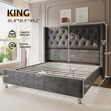 Jocisland Bed Frame King Size Velvet Tufted Upholstered Bed Low Profile Platform Bed Raised Wingback Headboard/Wood Slats Support/No Box Spring Needed/Easy Assembly/Grey Jocisland