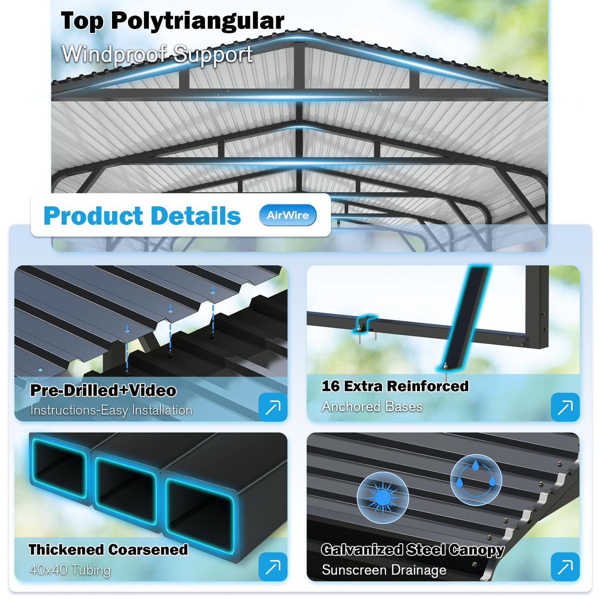 AirWire Carport Canopy 20’X30’ Heavy Duty Car Port Galvanized Steel Roof, Reinforced Stable Triangle Frame for Snowy Windy Metal Carports Enhanced Base Car Tent for Car,RV,Pickup,Boat,Truck,Tractor AirWire