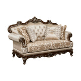 Lexicon Traditional Sofa Couch for Living Room, Rolled Arm Sofa with 4 Accent Pillows, Tufting, Queen Legs in Cherry Finish with Gold Tipping, Upholstered Living Room Furniture, 2 Seater Couch, Brown Lexicon