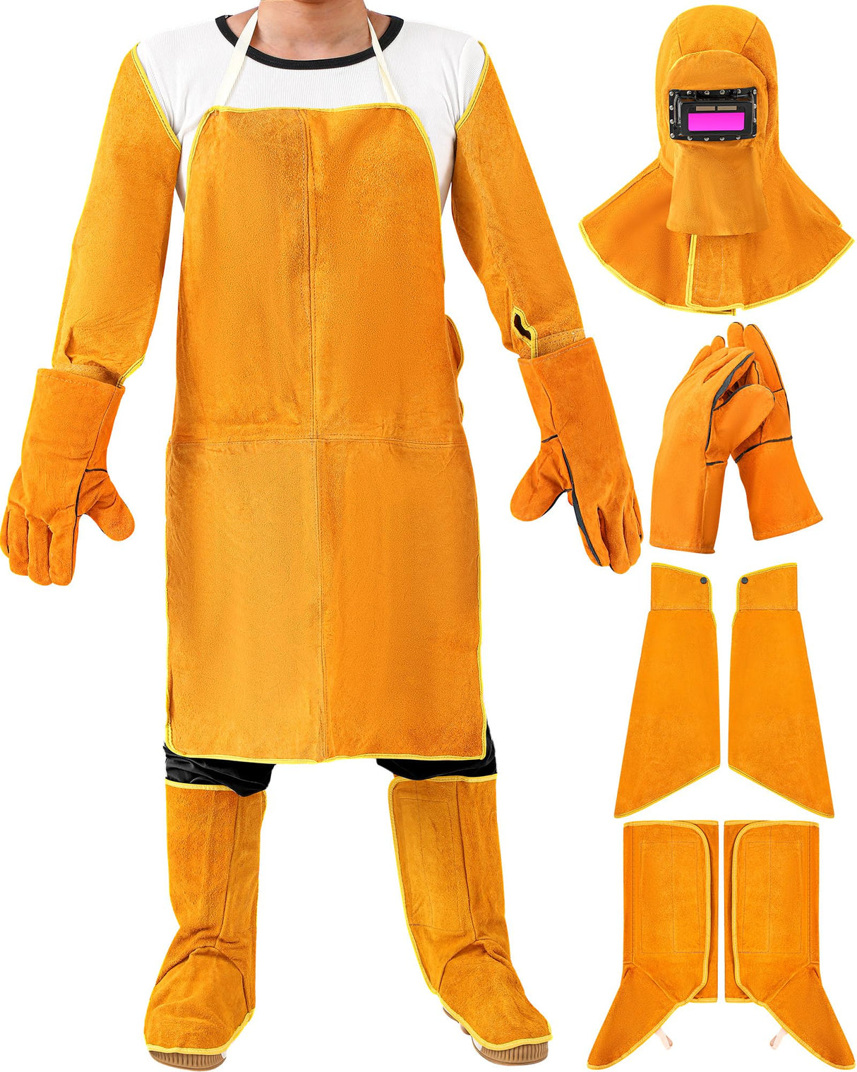 Jecery 5 Pcs Welding Flame Resistant 5 in 1 Set Include Cowhide Leather Welding Apron Welding Gloves Welding Sleeves Welding Spats Boot Covers Welding Hood with Light Lens and Neck Shoulder Protection Jecery