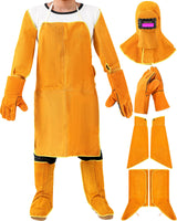 Jecery 5 Pcs Welding Flame Resistant 5 in 1 Set Include Cowhide Leather Welding Apron Welding Gloves Welding Sleeves Welding Spats Boot Covers Welding Hood with Light Lens and Neck Shoulder Protection Jecery