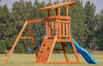 Dolphin Playground Wooden Swing Sets for Backyard, Playground Sets for Backyards with Slide, Sandbox, Climbing Wall, and 2 Belt Swings, Outdoor Playset, Backyard Playground Set, Ages 2-6