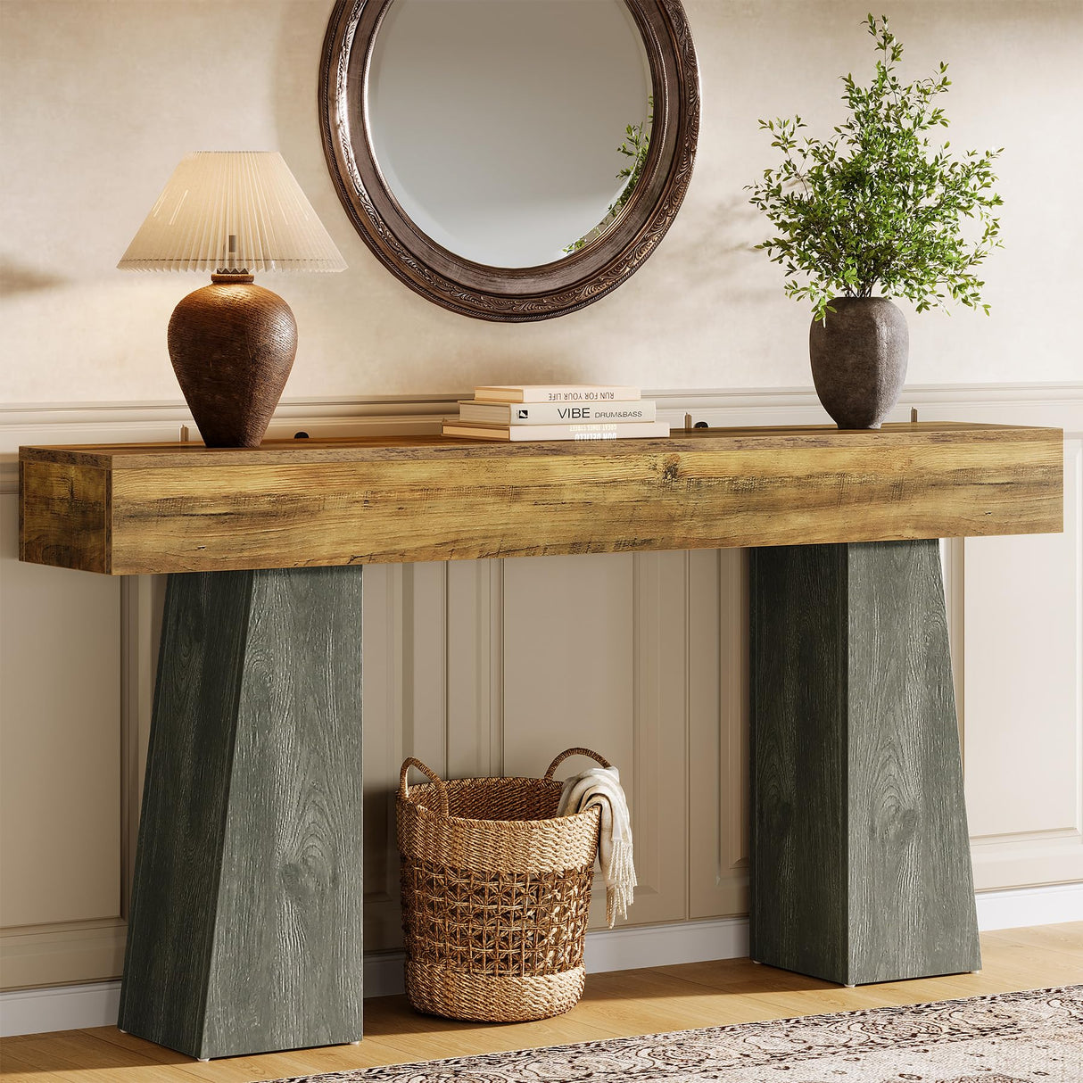 Tribesigns Farmhouse Entryway Table, 63-Inch Long Wooden Sofa Console Table, Rustic Console Behind Couch with Double Trapezoid Bases for Entrance Living Room Hallway Tribesigns