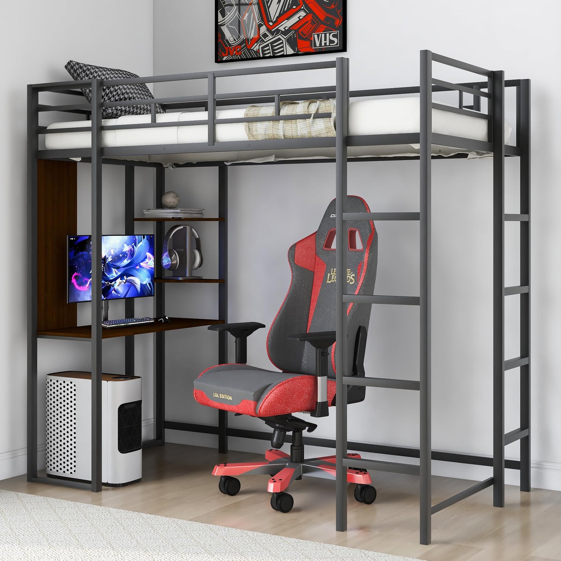 Merax Black Twin Metal Loft Bed with Desk and Shelves, Noise-Free Design - WoodArtSupply