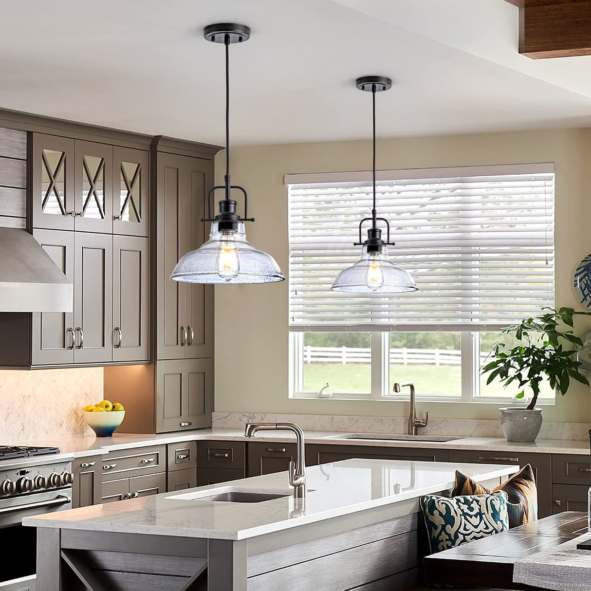 Zlepmlla Glass Pendant Light，Black Pendant Light Fixtures with Seeded Glass Shade, Adjustable Height Hanging Lights for Hallway, Kitchen Island, Dinning Room（Bulb not Included） Zlepmlla