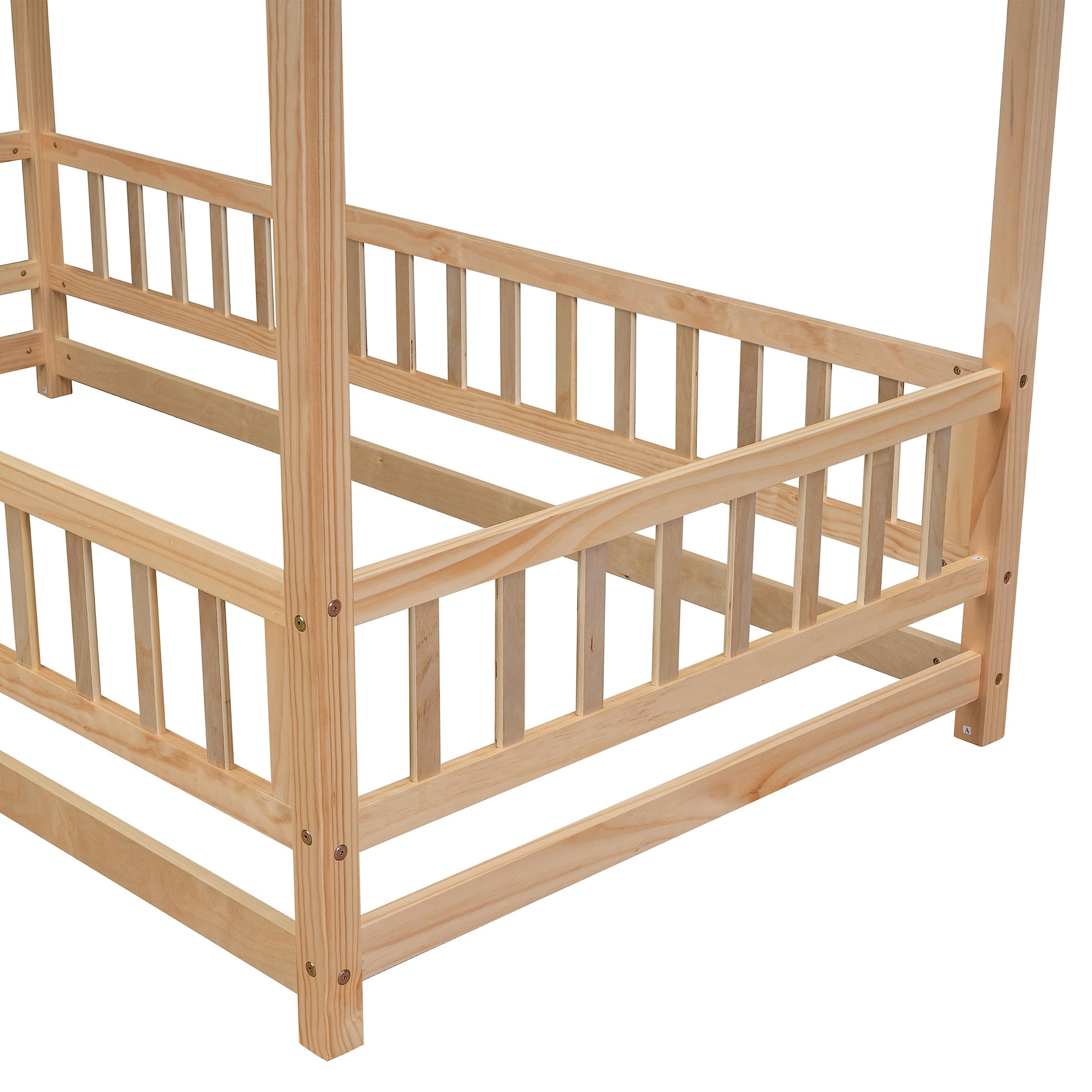 Bellemave Wooden Montessori Twin Size House Bed with Fence and Roof for Kids - Playhouse Frame in Natural Finish - WoodArtSupply