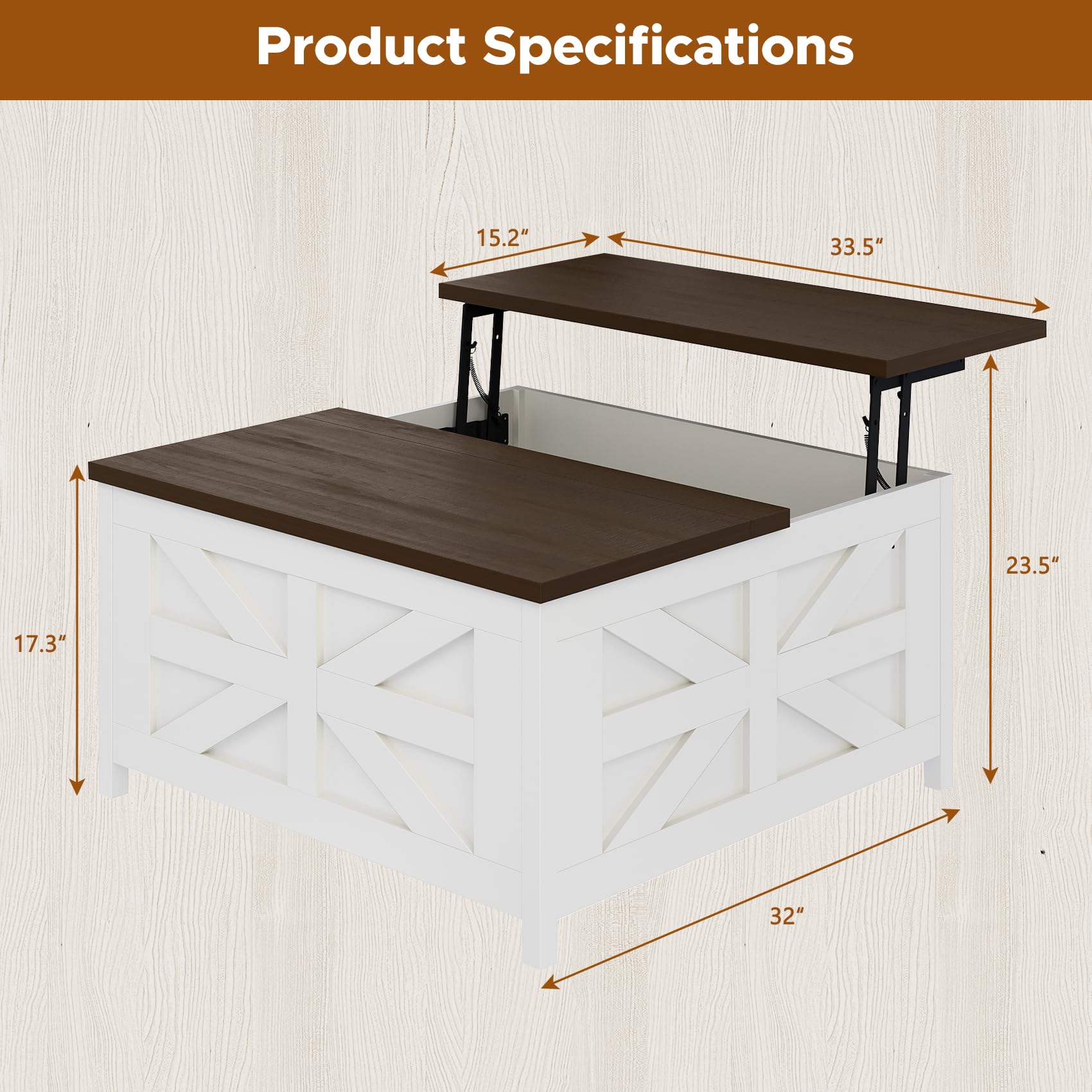 Melidee Farmhouse Lift Top Coffee Table - Wood Square Center Table with Hidden Storage Space, Charging Station & USB Ports, for Living Room, Home Office - 33.5" L x 33.5" W x 17.6" H - WoodArtSupply