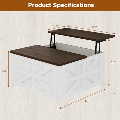 Melidee Farmhouse Lift Top Coffee Table - Wood Square Center Table with Hidden Storage Space, Charging Station & USB Ports, for Living Room, Home Office - 33.5" L x 33.5" W x 17.6" H - WoodArtSupply