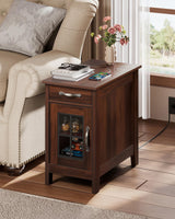 WLIVE End Table with Charging Station, Narrow Side Table for Living Room, Farmhouse Night Stand with Storage, Small Wooden Cabinet Nightstand with USB Ports and Outlets, 23.7" D x 13.78" W x 23.7" H WLIVE