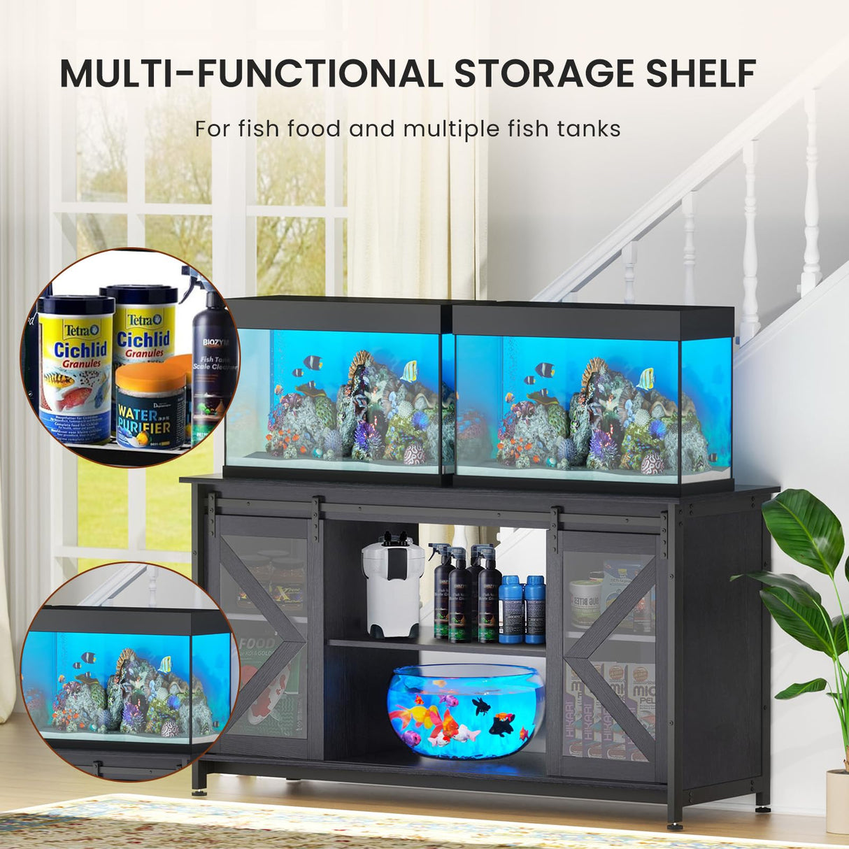 Tatub 75-90 Gallon Fish Tank Stand with Cabinet, Heavy Duty Metal Large Aquarium Stand for Accessories Storage, Reptile Tank Turtle Terrariums Table, 1000+ LBS Capacity, 58.9"x19.7"x32.6" H, New Black Tatub