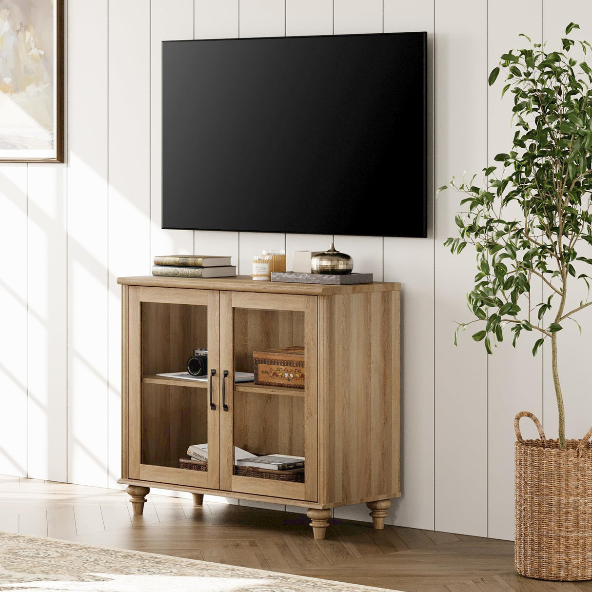 WAMAPT Sideboard Buffet Cabinets with Glass Door, Kitchen Storage Cabinets, Wood Coffee Bar Tables with Adjustable Shelf, Accent Sideboard Storage Cabinet Table Dining Room, Living Room,Oak 34 inch WAMPAT