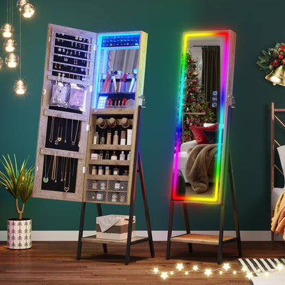 HNEBC RGB LED Mirror Jewelry Cabinet,Standing Jewelry Armoire Organizer Full Length Mirror with Storage, Lockable Jewelry Mirror for Women's Christmas Gift, 14 Lighting Modes (RGB-Wood) - WoodArtSupply