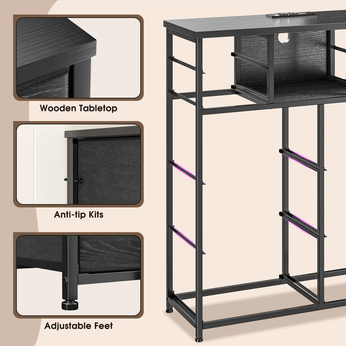 Romorgniz Dresser for Bedroom with 10 Drawers Featuring LED Light and Power Outlet, Fabric Dressers & Chest of Drawers with Open Shelves for Hallway, Living Room, Metal Frame,Wood Top,Grain Black Romorgniz