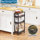 OKZEST Rolling Slim Storage Cart, 4-Tier Narrow Bathroom Organizers and Storage Cart, Metal Narrow Kitchen Laundry Room Organization Shelf with Wood Top, Slim Utility Cart with Wheels for Small Space OKZEST