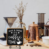 Farmhouse Coffee Bar Sign, Rise & Shine It's Coffee Time, 5"x5" Wood Plaque with Stand Gift for Home Kitchen Tabletop Decor -B09 YQV
