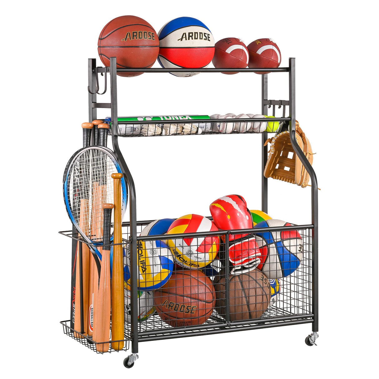 Mythinglogic Sports Equipment Garage Organizer,Garage Ball Storage for Sports Gear and Toys, Rolling Ball Cart with Wheels for Indoor/Outdoor Use Mythinglogic