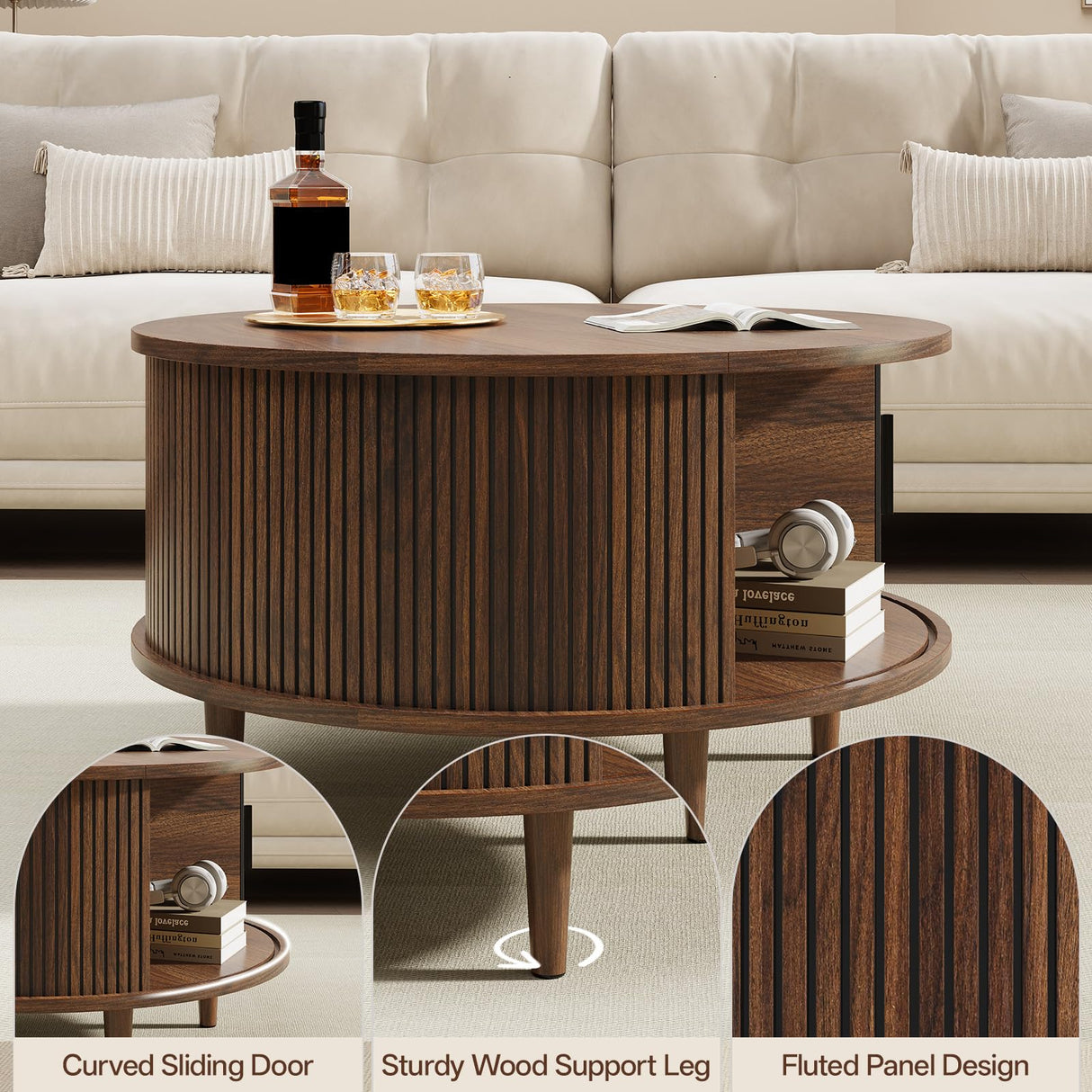 Onogefel Round Coffee Table with Storage, Mid Century Modern Coffee Table, Fluted Dining Table with Sliding Door, Circle Coffee Table for Living Room Home Office, 31.5", Walnut Onogefel