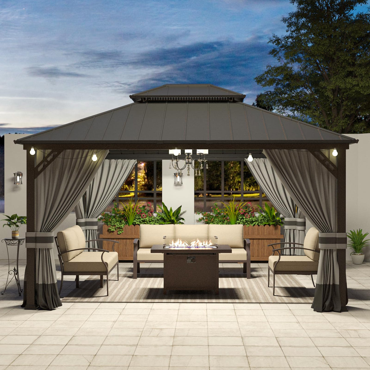 Kurapika 12' x 14' Hardtop Outdoor Metal Gazebo with Galvanized Steel Double Roof Canopy, Curtain and Netting, Aluminum Permanent Pavilion Gazebo, Grey Kurapika