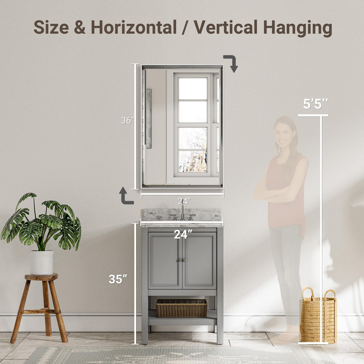 QueenFun Brushed Nickel Bathroom Mirror, 24x36 Inch Beveled Framed Bathroom Mirror Anti-Rust, Brushed Nickel Metal Frame Bathroom Vanity Mirror for Wall, Vertical/Horizontal Wall-Mounted Mirrors QueenFun