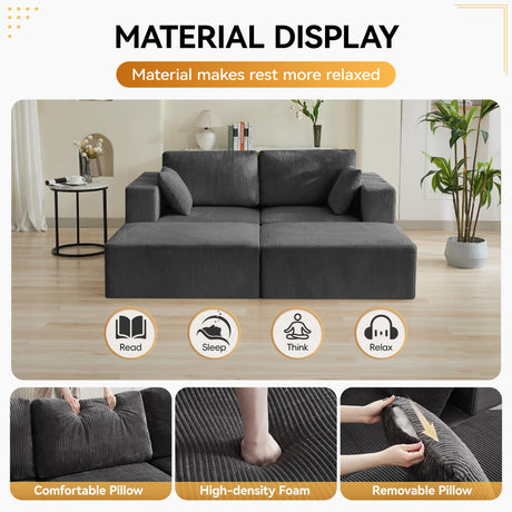 83'' Boneless Loveseat Sofa, Comfy Deep Seat Cloud Couch with 2 Moveable Ottoman, No Assembly Corduroy Love Seat for Living Room, Grey WUTUTUEE