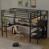 Bellemave Full Size Metal Loft Bed with L Shaped Desk and Wardrobe, Heavy Duty Loft Bed Frame with Storage Stairs, LED Loft Bed Frame with Charging Station & Safety Guardrails, Black Bellemave