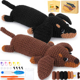 Crochet Kit for Beginners - 2 PCS Dachshund Crochet Kits with Step-by-Step Video Tutorials, Beginner Crochet Kit for Adults, Crochet Animal Kit for Kids, Dog Crocheting Set (Brown & Black) Fortuning's JDS