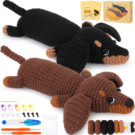 Crochet Kit for Beginners - 2 PCS Dachshund Crochet Kits with Step-by-Step Video Tutorials, Beginner Crochet Kit for Adults, Crochet Animal Kit for Kids, Dog Crocheting Set (Brown & Black) Fortuning's JDS