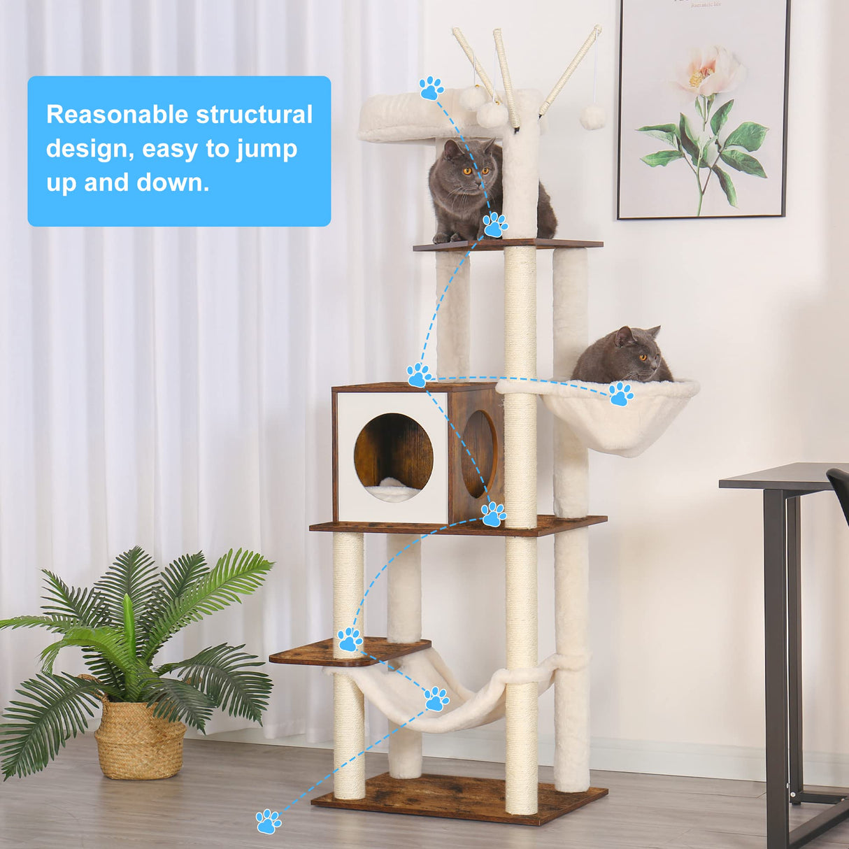 Hey-brother Wooden Cat Tree, 66.1“ Cat Furniture with Scratching Posts, Modern Cat Tower with hammocks, Toys, cat condo, Rustic Brown MPJ120SR Hey-brother